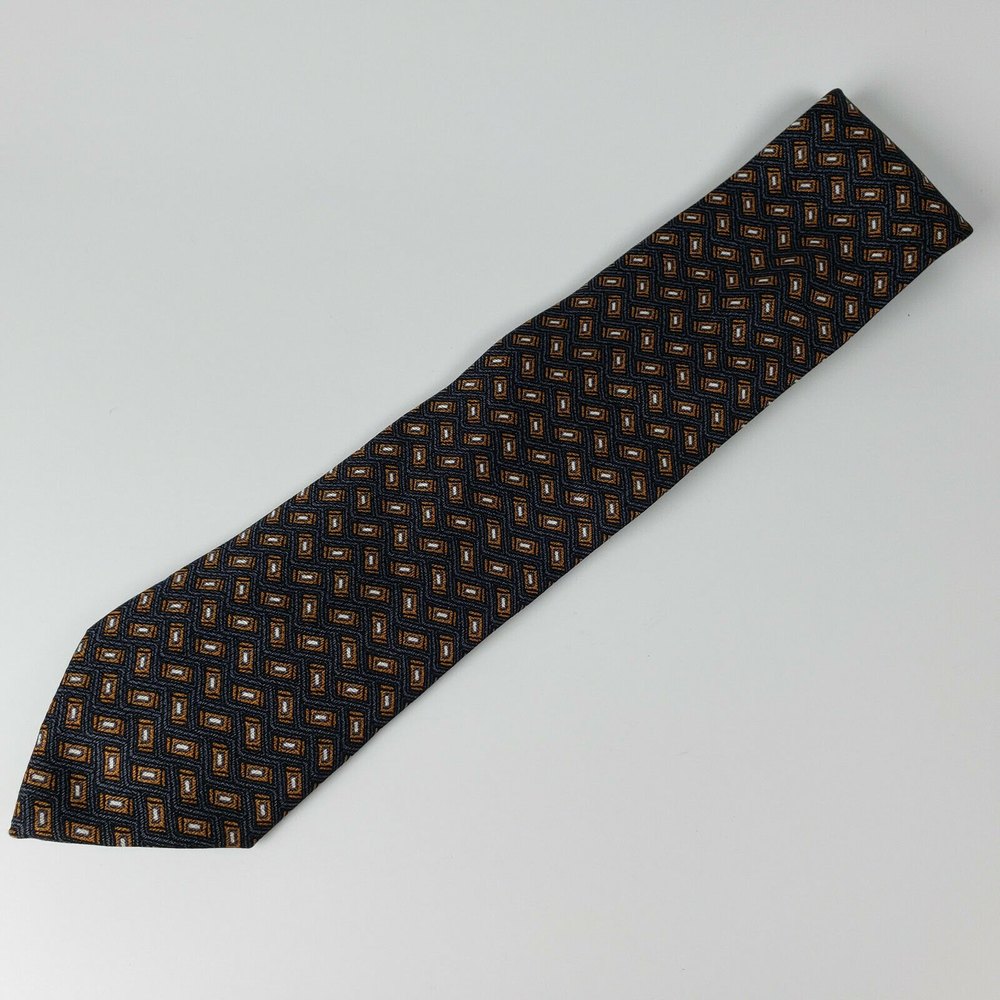 Barneys New York Italian Necktie Silk Geometric Gray Brown On Charcoal NEW - Picture 2 of 9